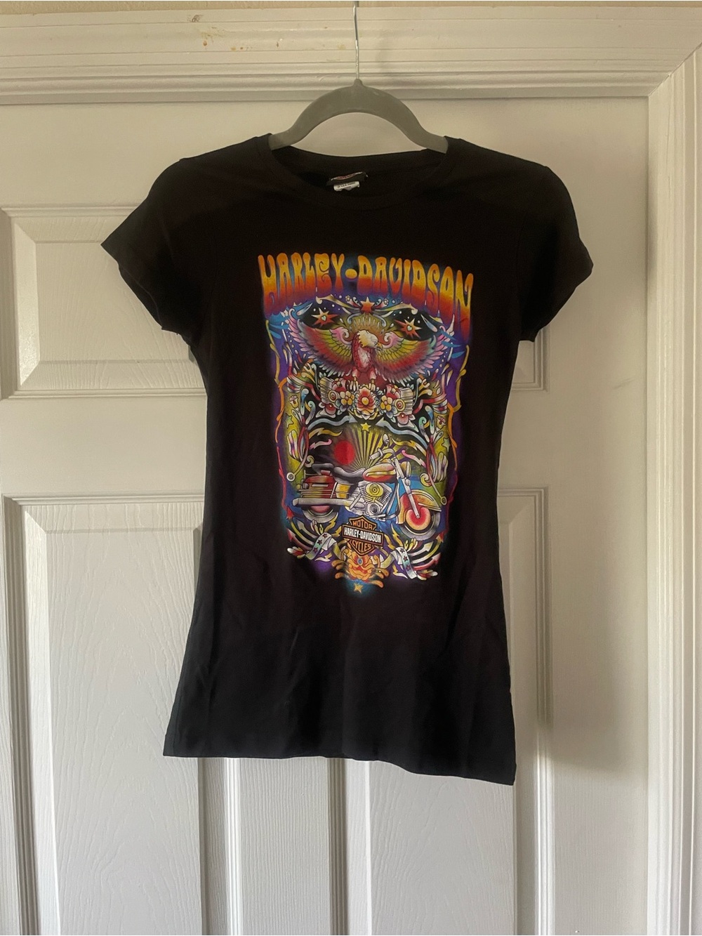 Y2K Harley-Davidson Black Graphic Tee with Multicolor Design small